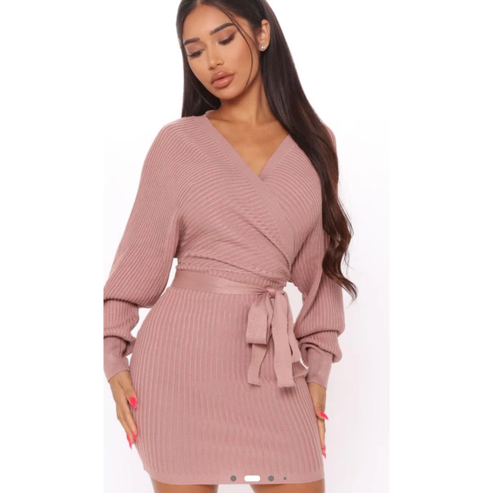 Fashion Nova Women's Pink Ribbed Knit Long Sleeve Mini Dress - Size‎ S